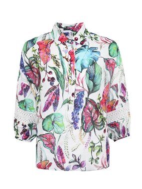 120% Lino Embroidered Botanical-Print Shirt / Size 46 / Large Floral Multi Linen